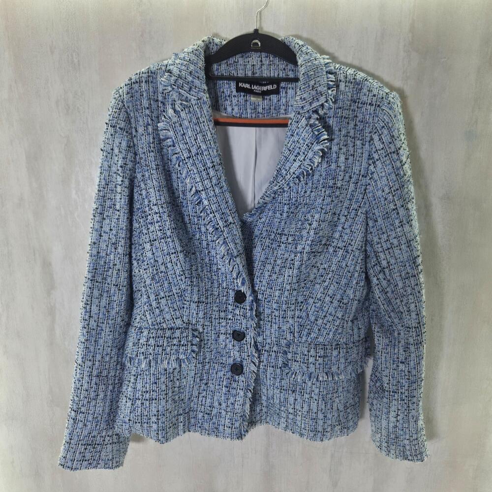 Karl Lagerfeld Blazer Womens 14 Blue Tweed Lined Notch Collar Tailored Jacket